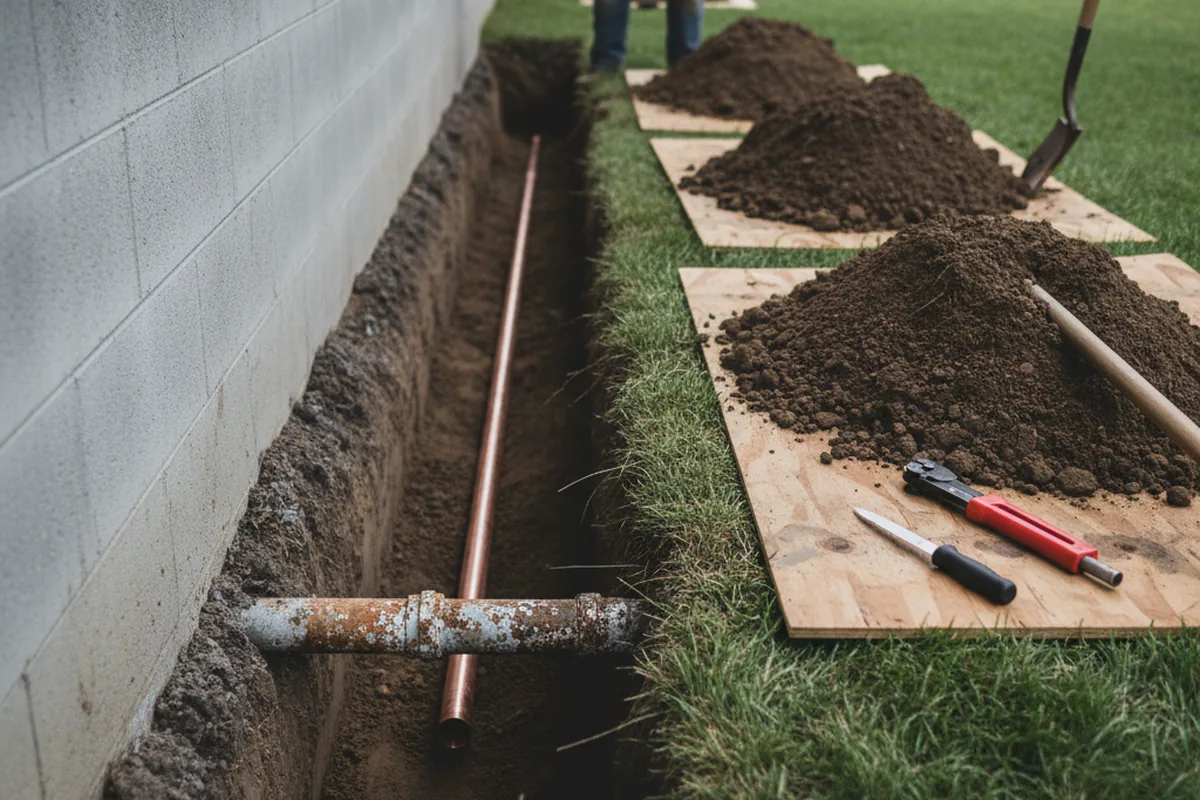 Excavated water line trench during Sewer Line Repair in Semmes